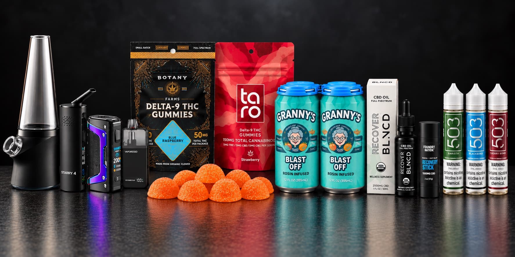 Vapes, THC gummies, THC beverages, CBD and e-liquid from Smokeless