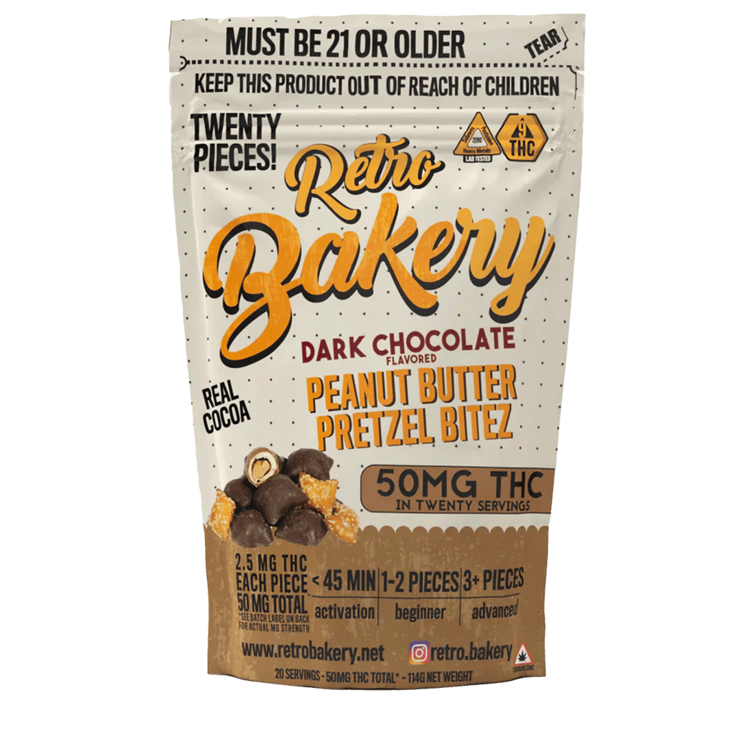 Retro Bakery Dark Chocolate Peanut Butter Pretzel Bites 50mg Smokeless - Vape THC CBD Retro Bakery Dark Chocolate Peanut Butter Pretzel Bites 50mg Smokeless - Vape THC CBD